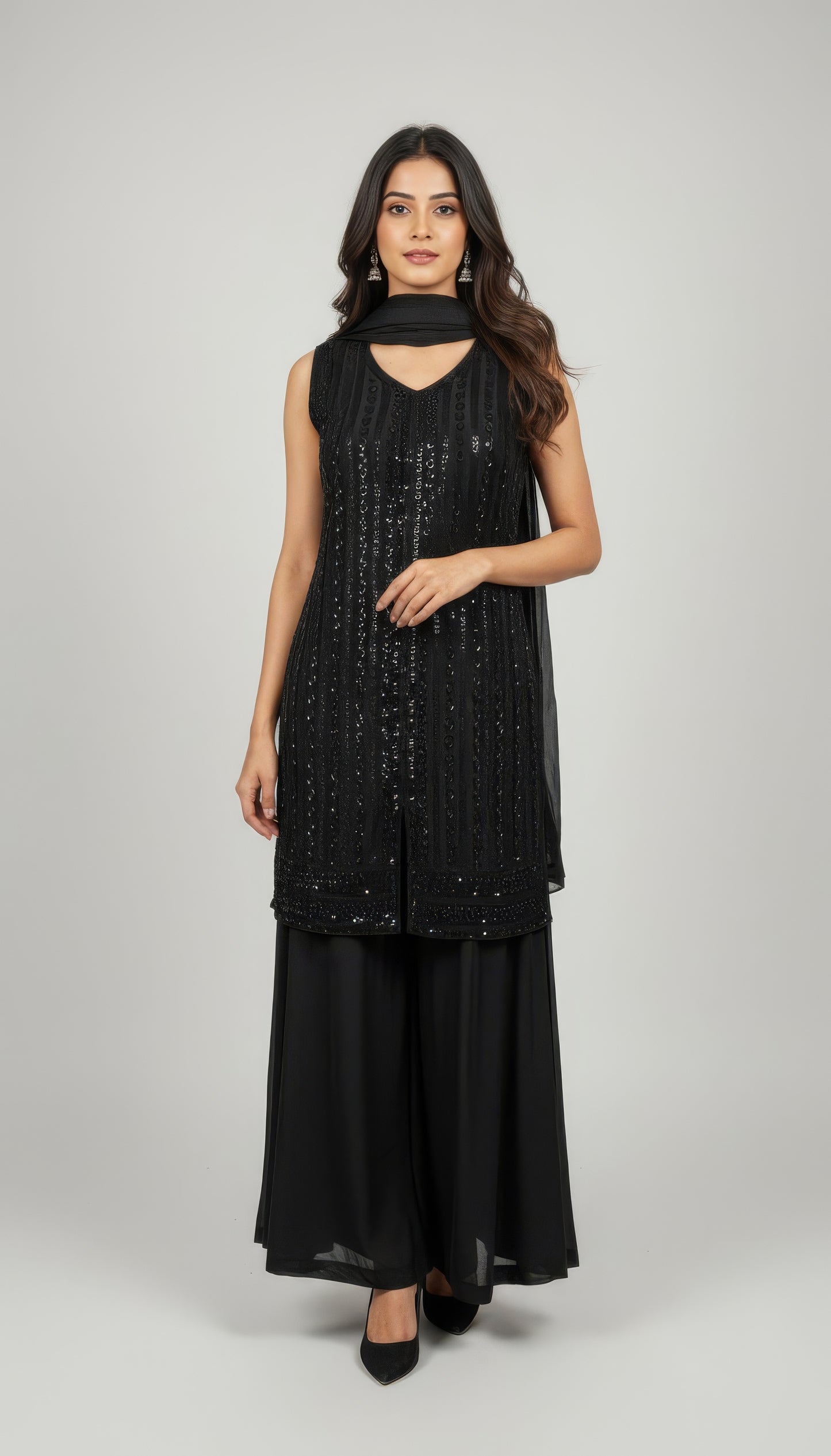 3-Piece Elegant Suit with Sharara, decorated with Swarovski and Bead Work