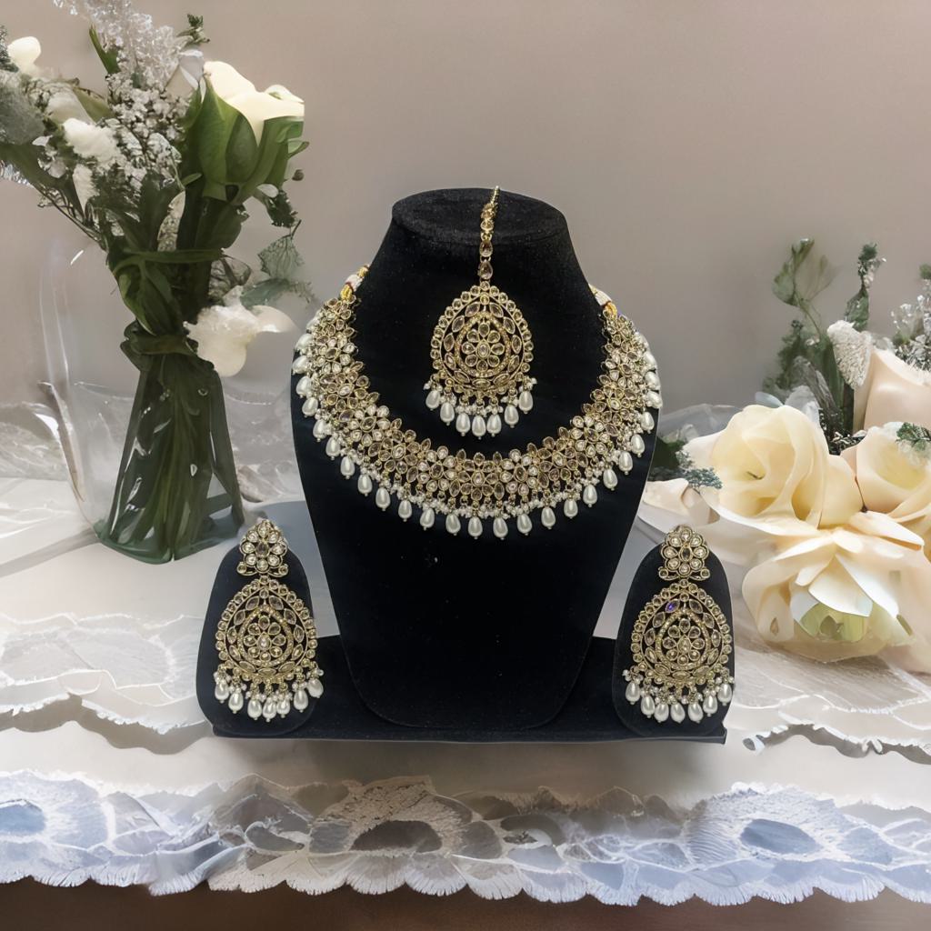 Traditional White Beeds and Stone Necklace with Earing and Mang Tikka