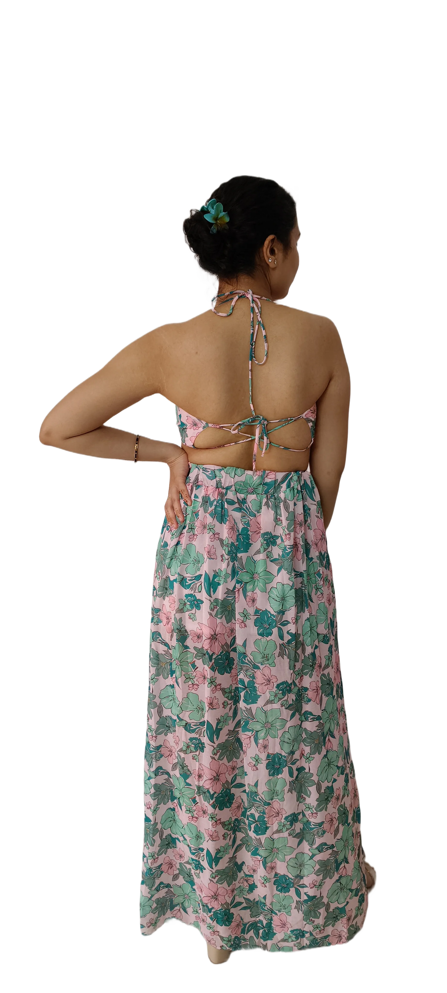 Women Long Flower Print Chiffon Dress