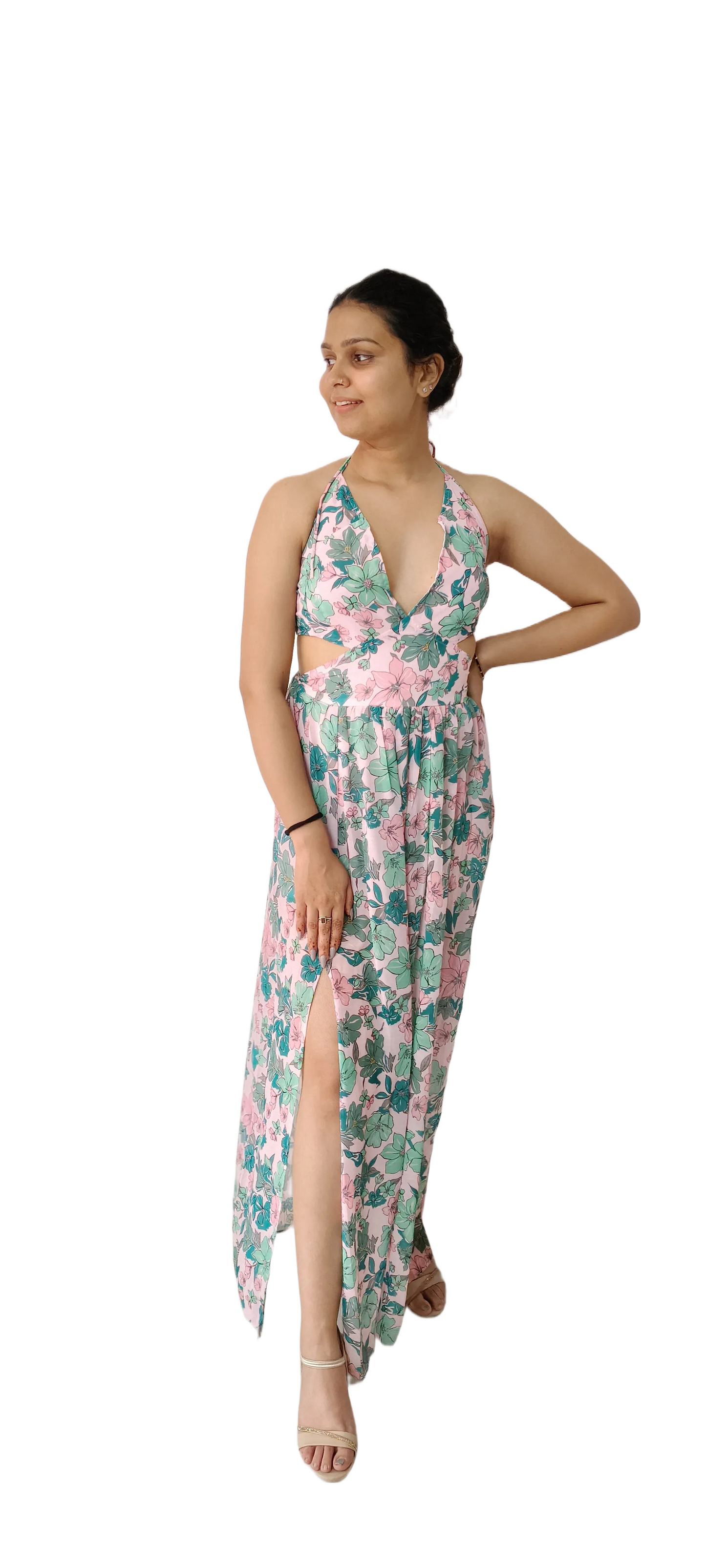 Women Long Flower Print Chiffon Dress