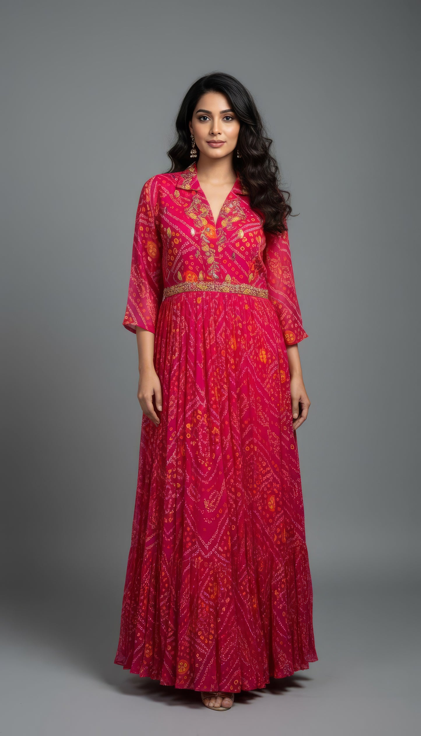 Bandhani Georgette Gown with Elegant Handwork Embroidery For Wedding