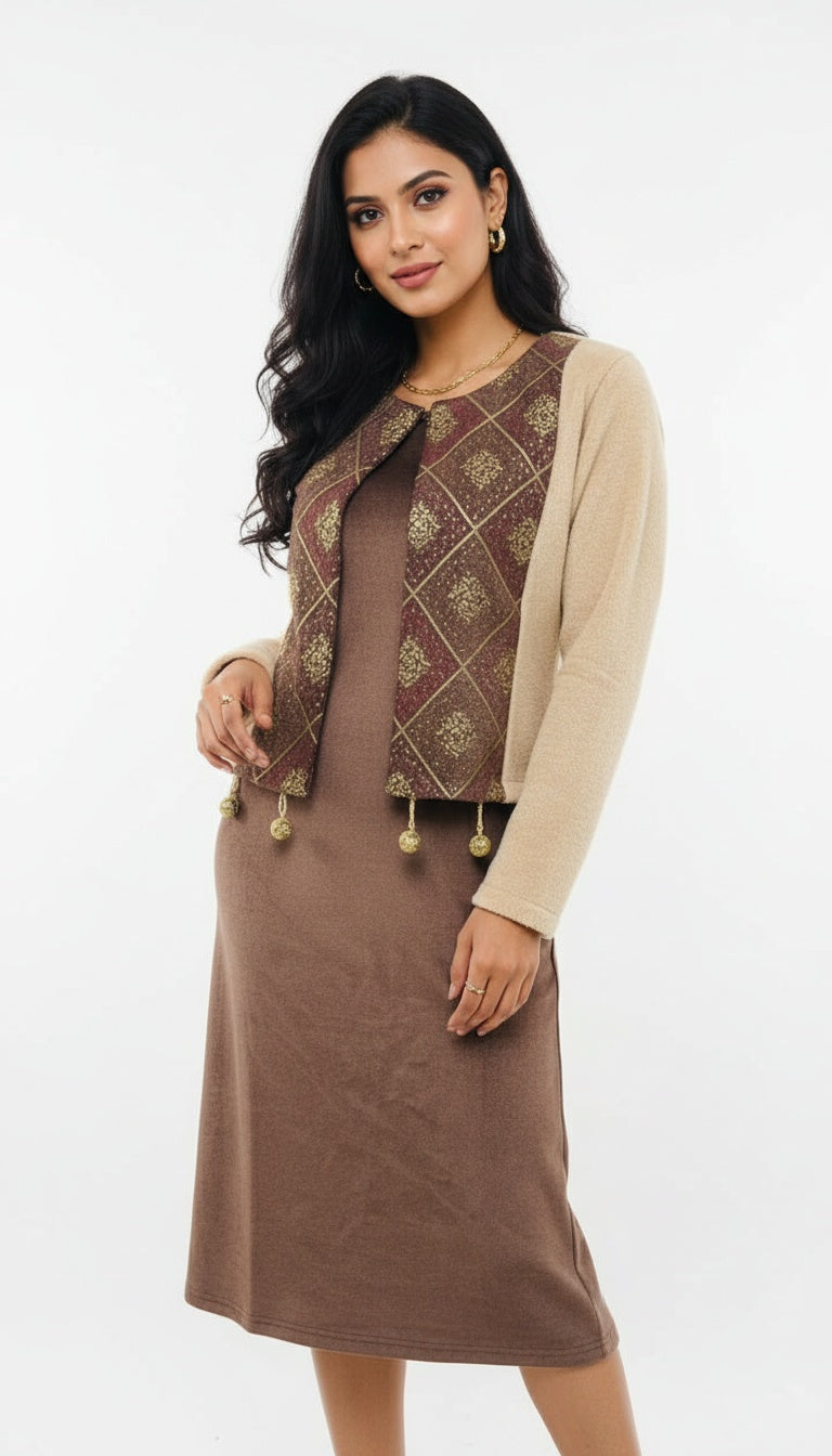 Women Woolen Dress with Beautiful Attached Jacket