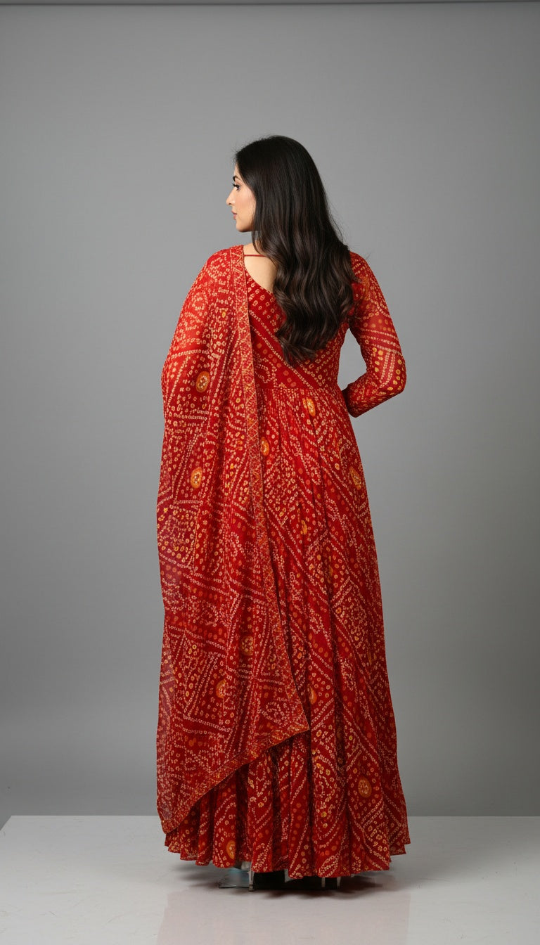 Bandhani Georgette Orange Gown with Elegant Handwork Embroidery and Dupatta For Wedding