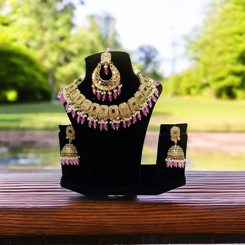 Traditional Multicolor With White Beeds Chokar Necklace with Earing and Tikka