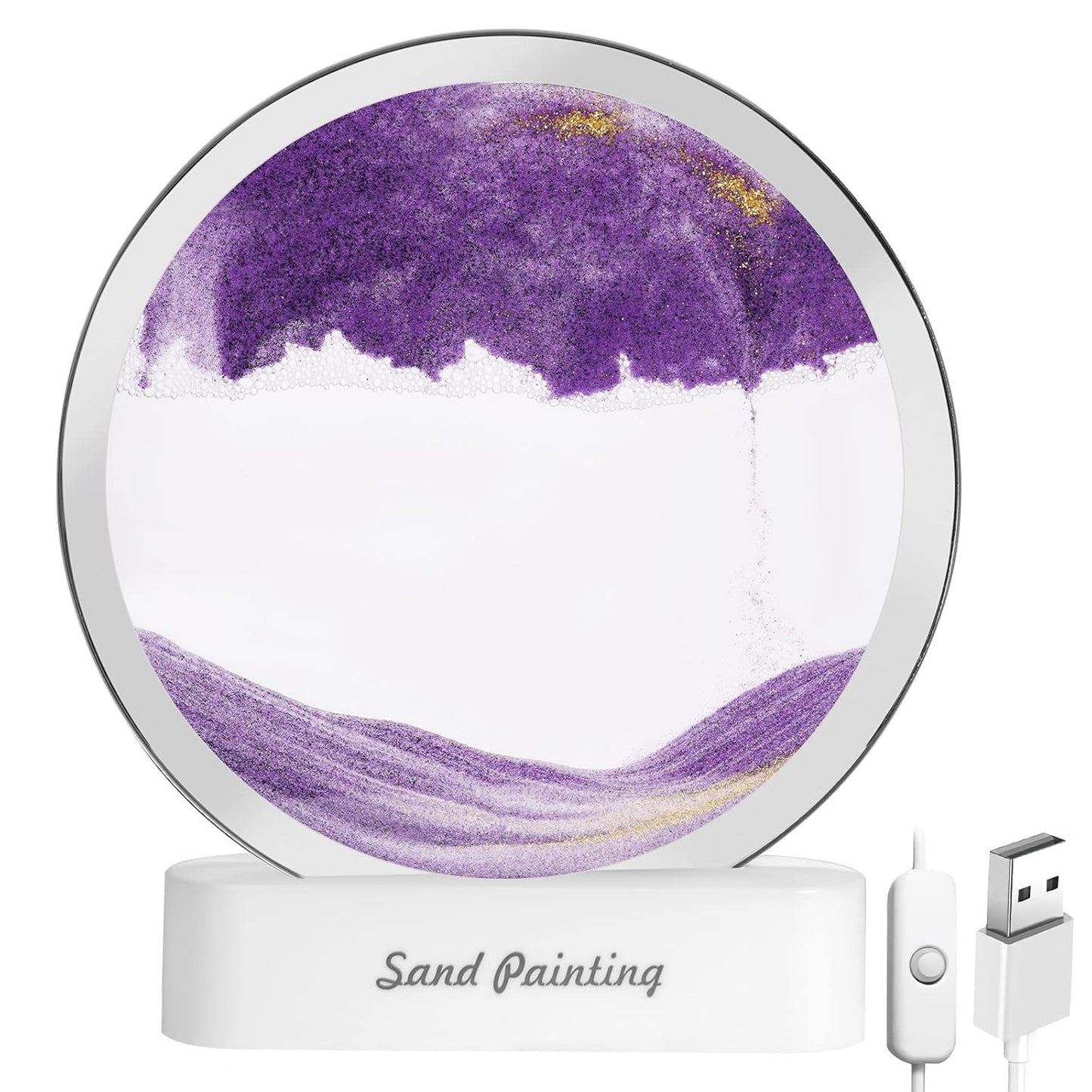 Moving Sand Art Picture, 3D Deep Sea Sandscape in Motion, Round Glass Frame Display Flowing Sand Relaxing Gift for Kids Adults Home Office Work Desktop Decoration Toy