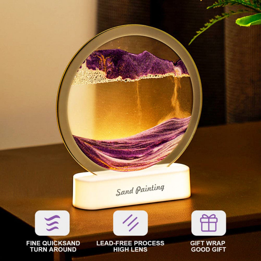 Moving Sand Art Picture, 3D Deep Sea Sandscape in Motion, Round Glass Frame Display Flowing Sand Relaxing Gift for Kids Adults Home Office Work Desktop Decoration Toy