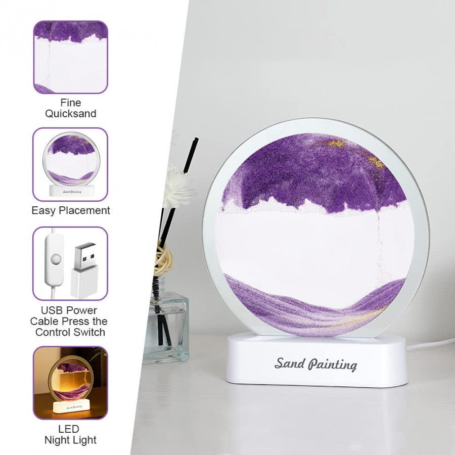 Moving Sand Art Picture, 3D Deep Sea Sandscape in Motion, Round Glass Frame Display Flowing Sand Relaxing Gift for Kids Adults Home Office Work Desktop Decoration Toy