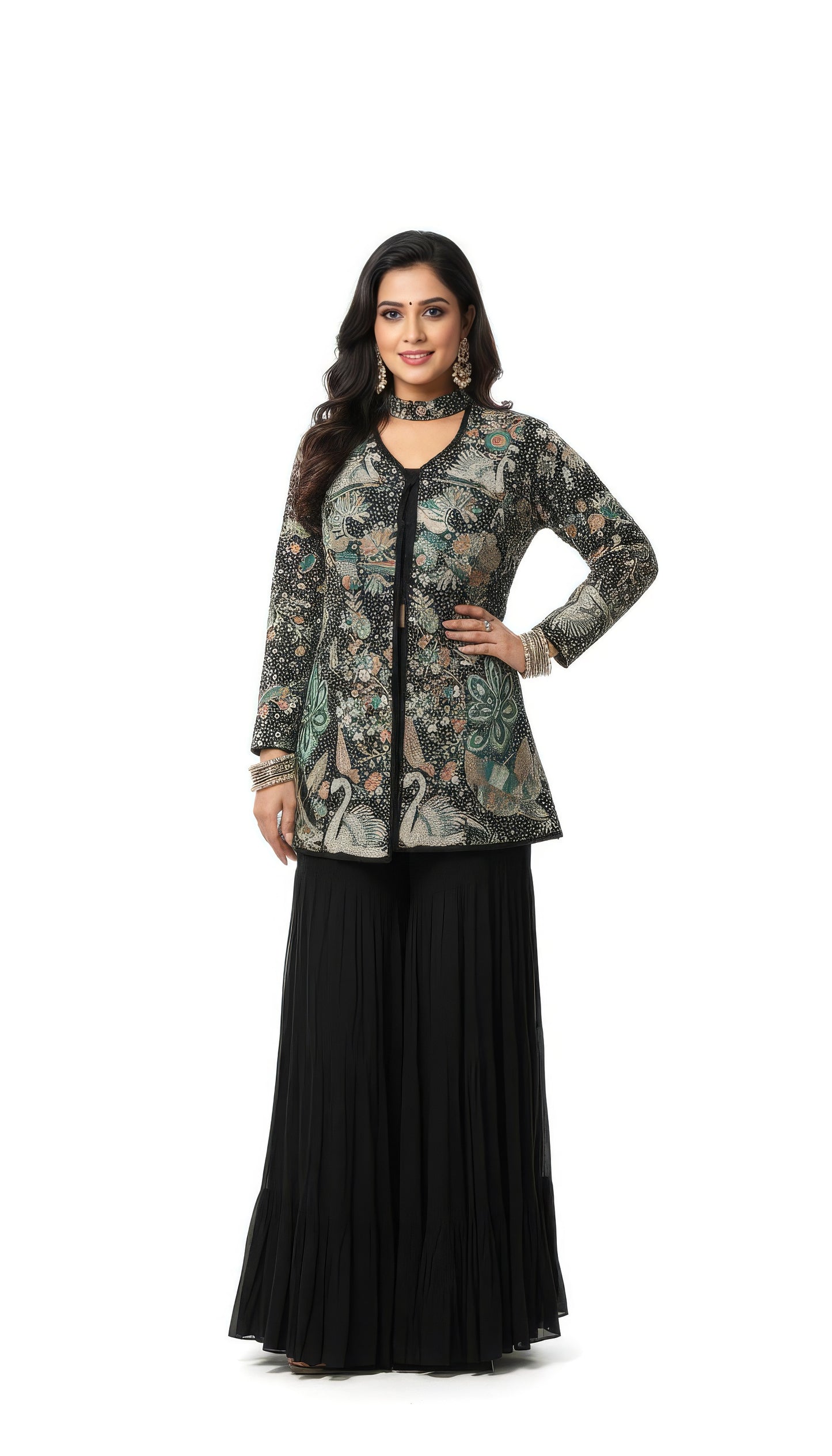 Exclusive Black Sharara with Handwork Embroidery Jacket Set for Weeding