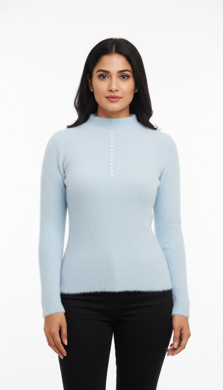 Women’s Ribbed High Neck Sweater with Button Detail | Stylish Winter Wear