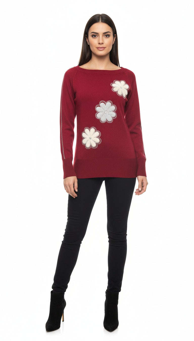 Women’s Elegant Woolen Top with Floral Patch Work | Swarovski Work | Stylish Winter Wear for Women