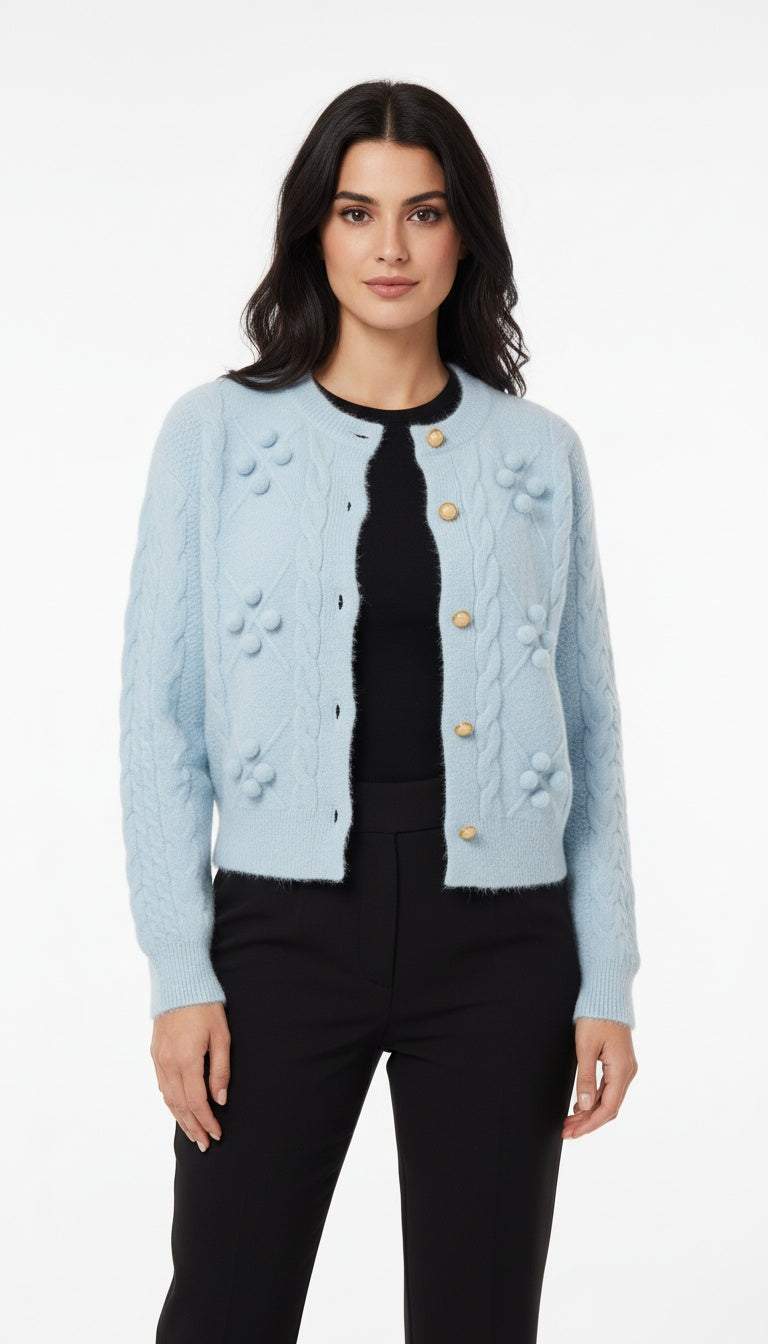 Women’s Woolent Soft Knit Elegant Short Button Cardigan/Top with 3D Floral Detailing