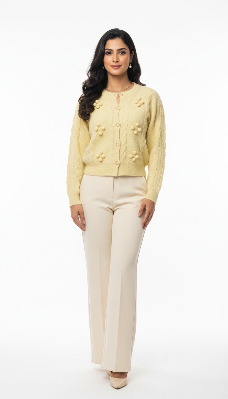 Women’s Woolent Soft Knit Elegant Short Button Cardigan/Top with 3D Floral Detailing