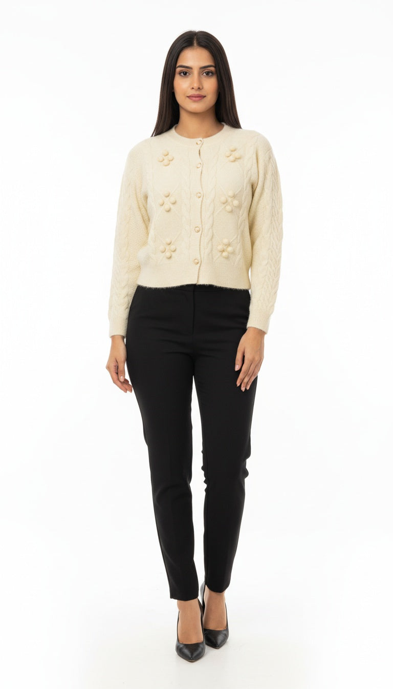 Women’s Woolent Soft Knit Elegant Short Button Cardigan/Top with 3D Floral Detailing