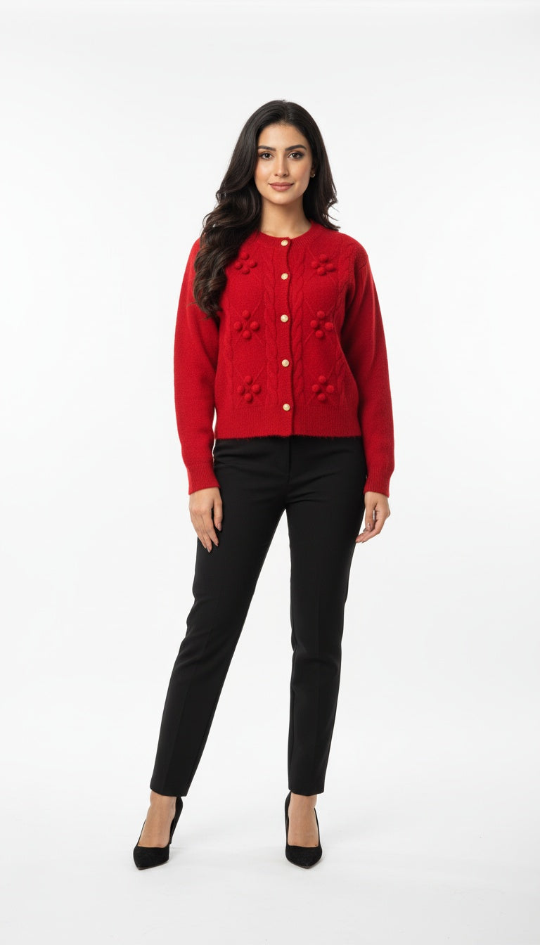 Women’s Woolent Soft Knit Elegant Short Button Cardigan/Top with 3D Floral Detailing