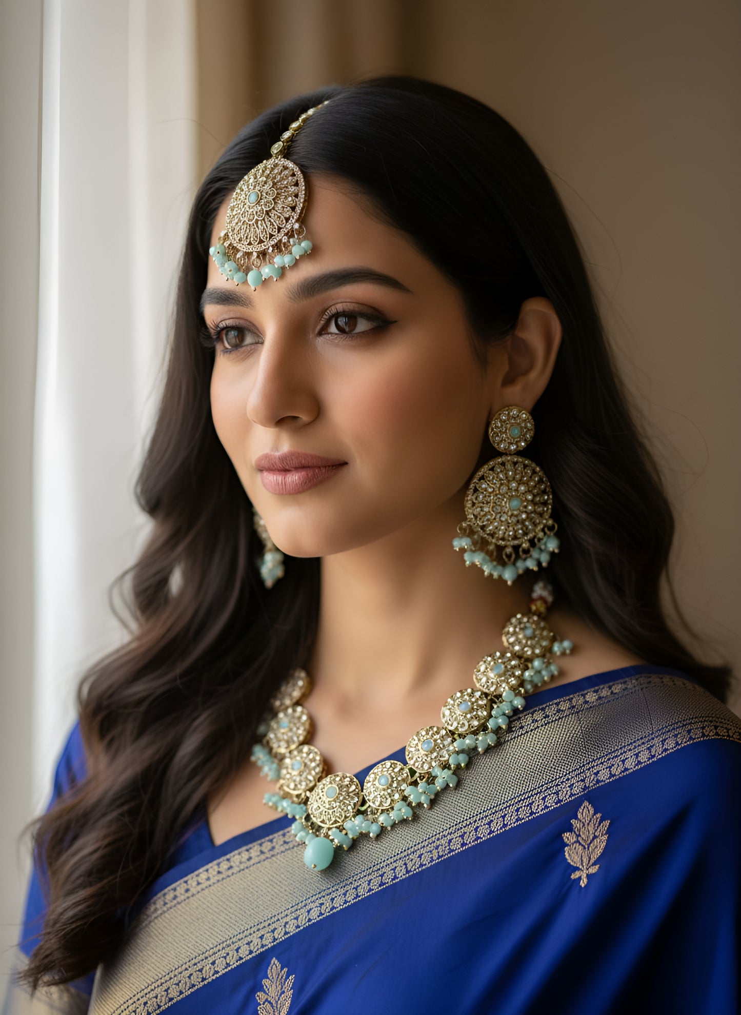 Traditional Pastal Color Necklace Set With Earing And Mang Tikka