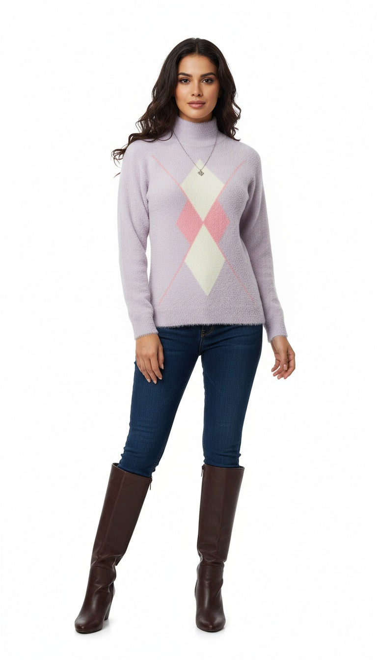Women’s Light Purple Pastal Color Fuzzy Woolen High Neck Sweater with Geometric Design | Stylish Winter Wear