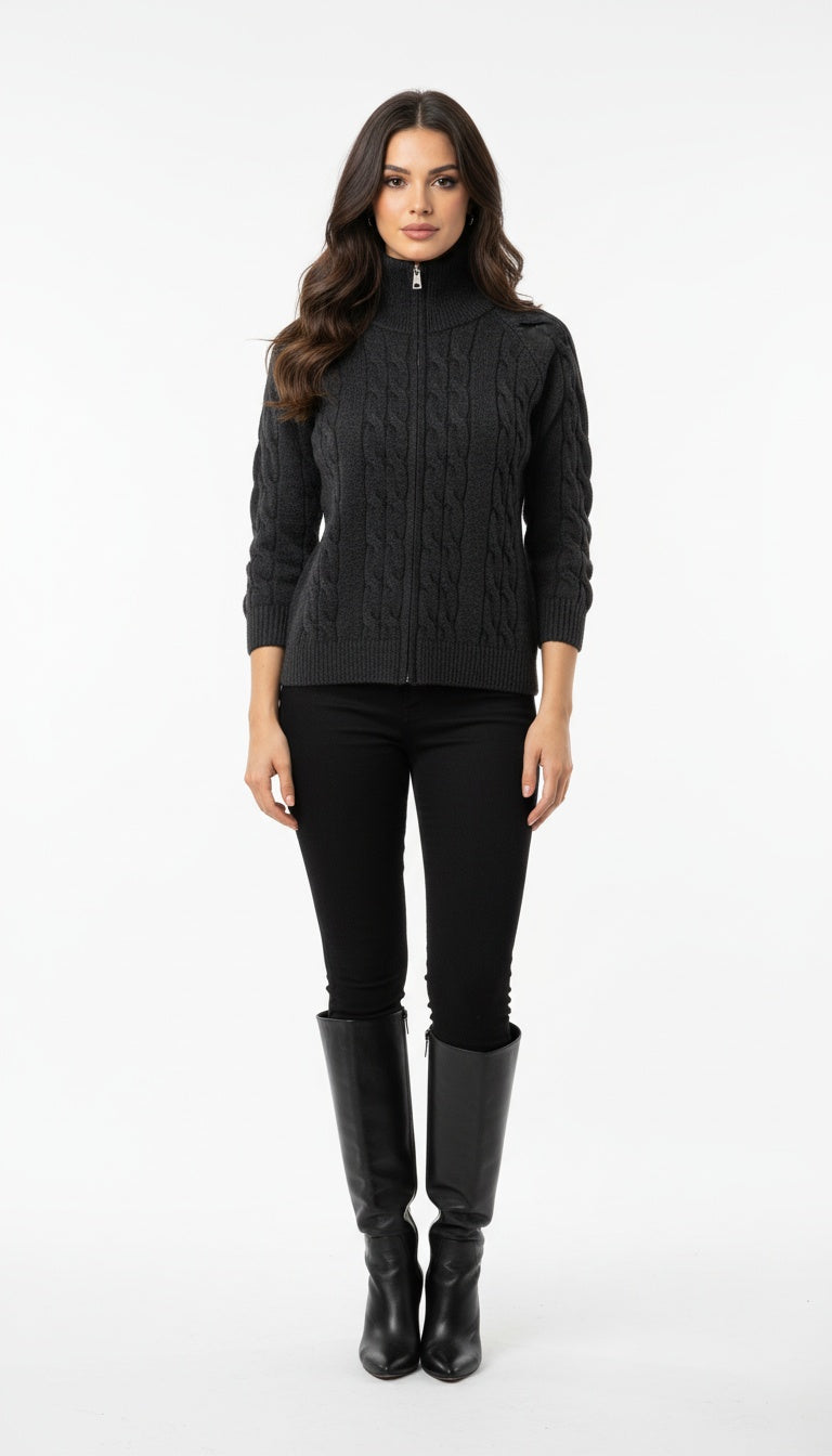 Women’s Black Cable Knit High-Neck Zipper Woolen Jacket | Premium Winter Wear