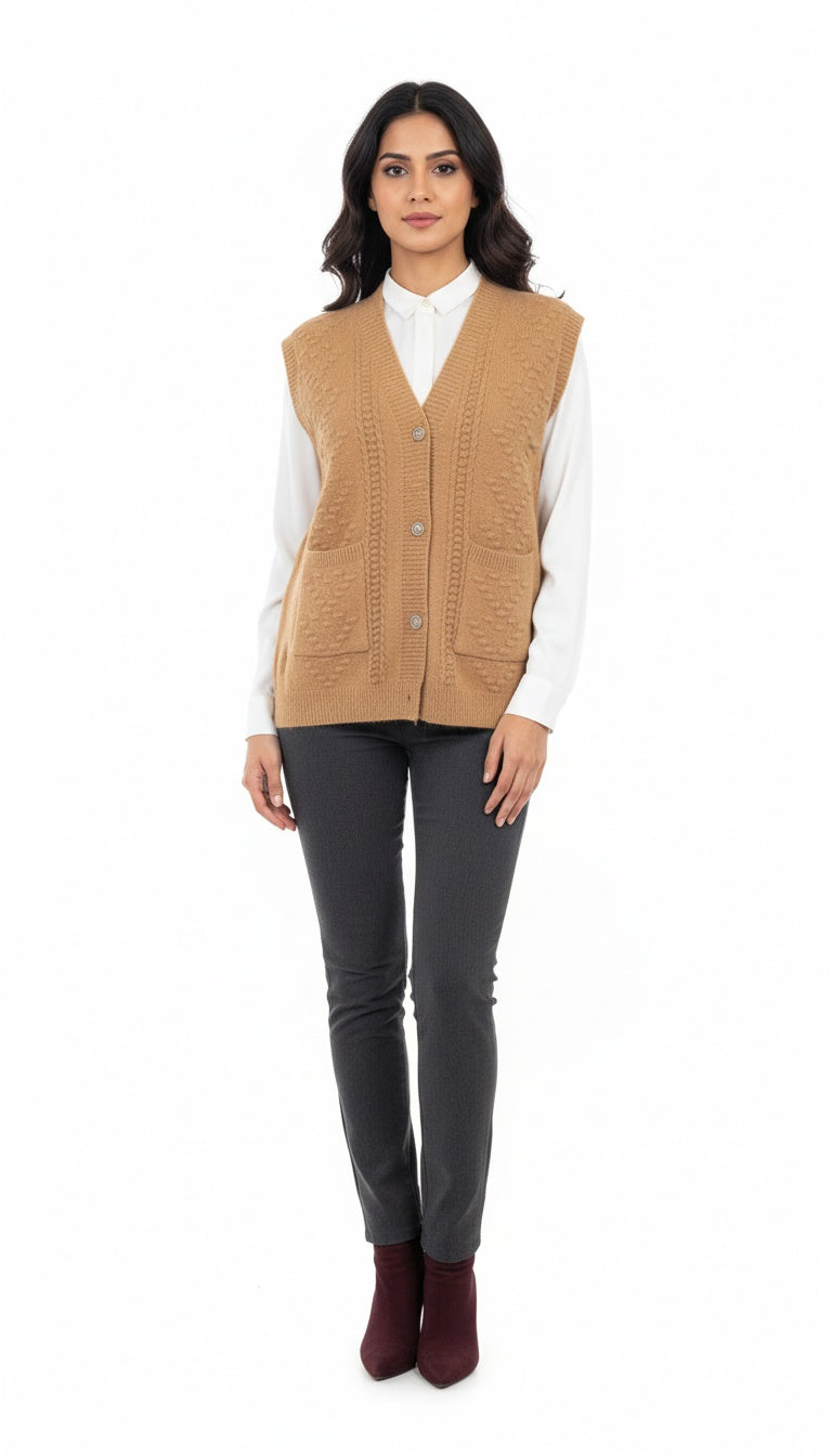 Women’s Textured Soft Wool Knit Front-Button Sleeveless Cardigan Vest