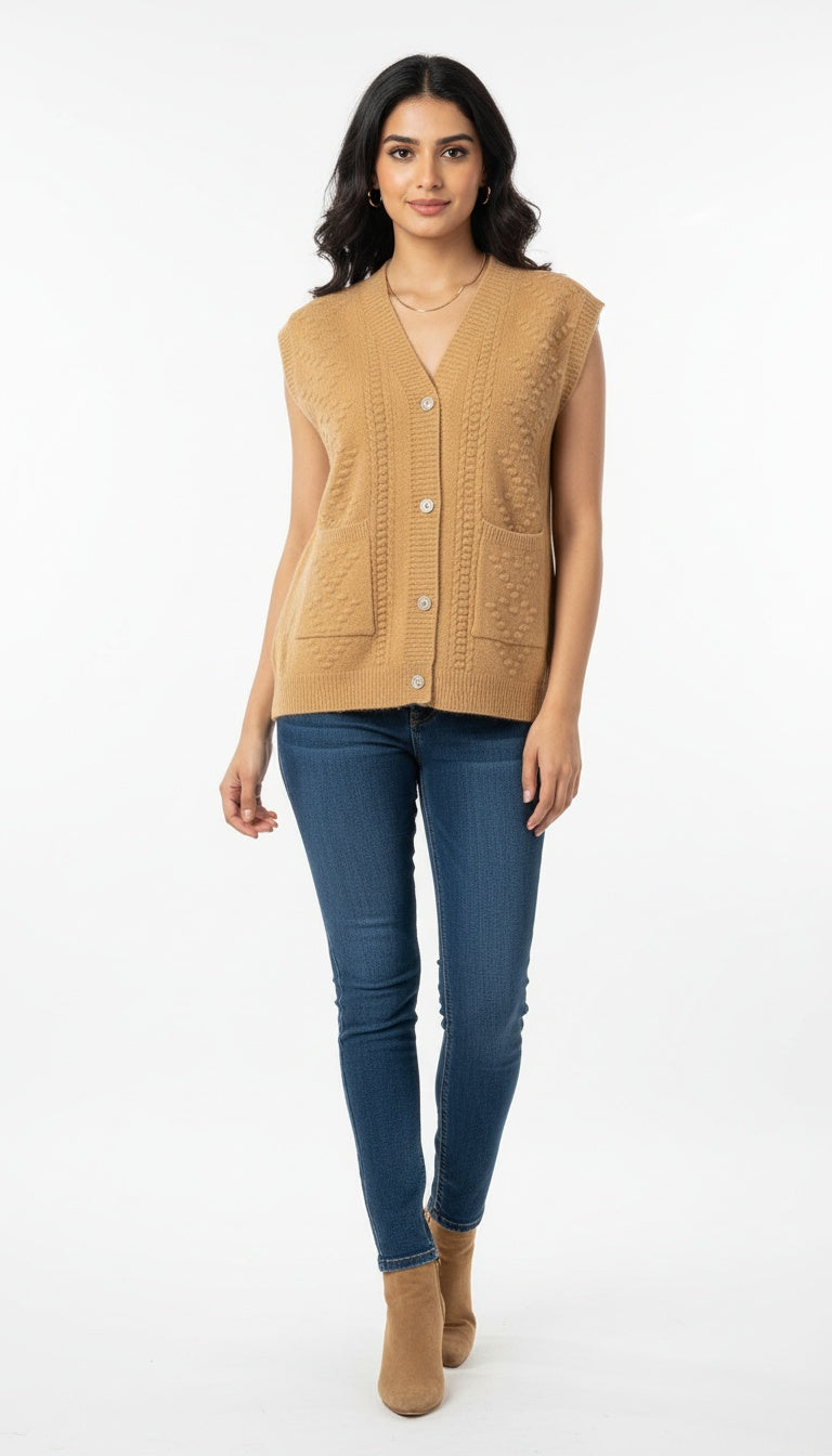 Women’s Textured Soft Wool Knit Front-Button Sleeveless Cardigan Vest