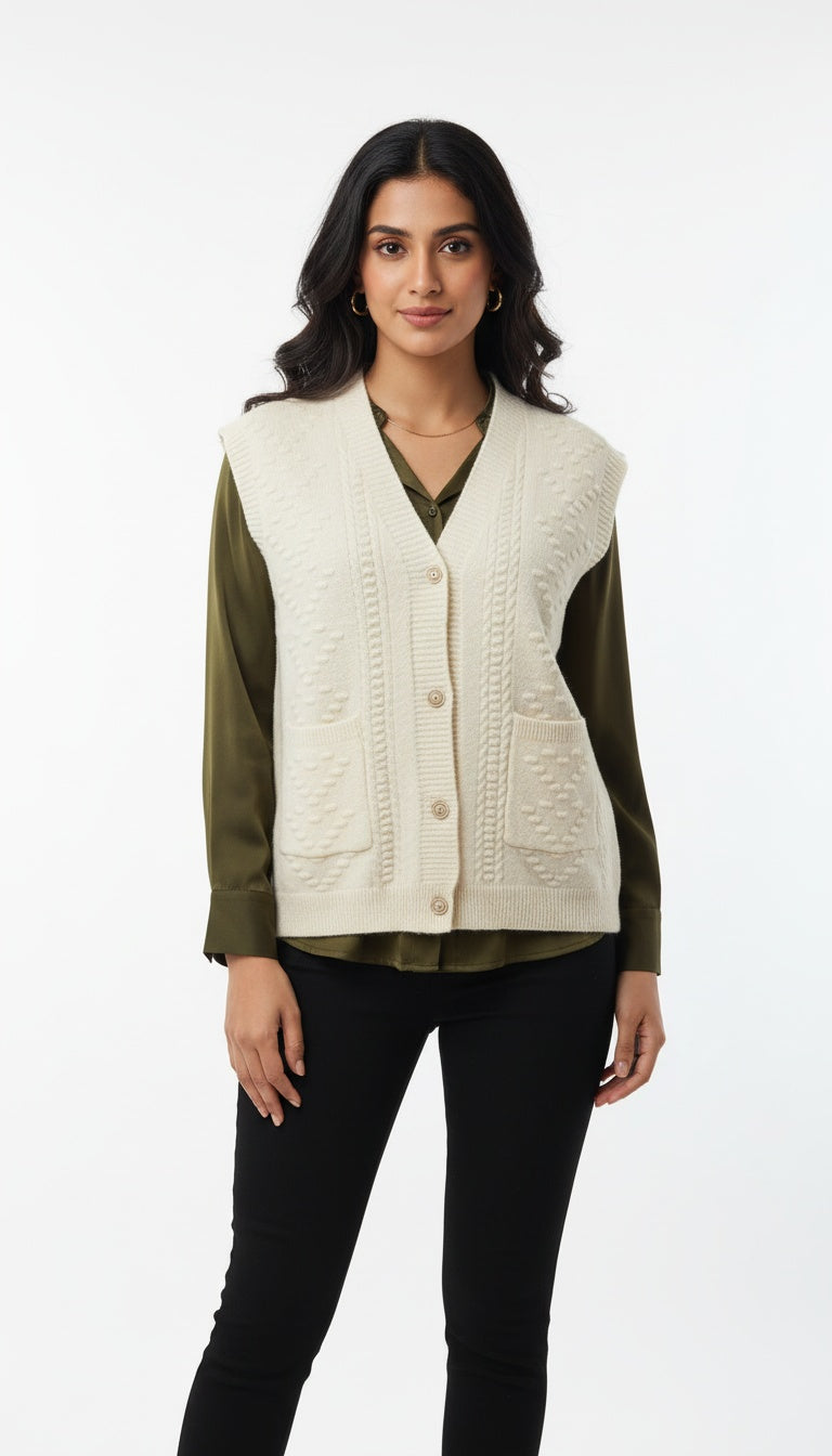 Women’s Textured Soft Wool Knit Front-Button Sleeveless Cardigan Vest