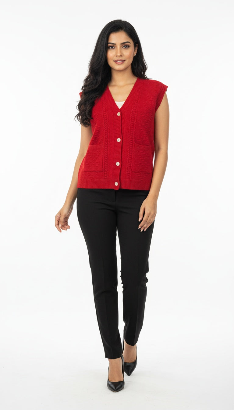 Women’s Textured Soft Wool Knit Front-Button Sleeveless Cardigan Vest