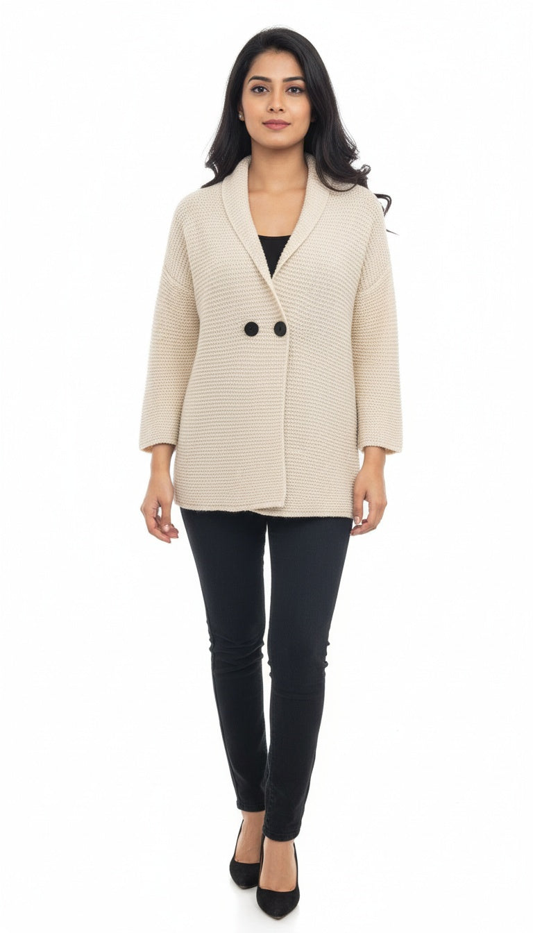 Women’s Textured Woolen Coat with Shawl Collar | Stylish Winter Wear
