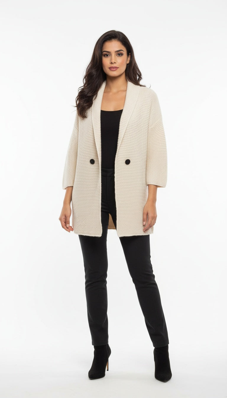 Women’s Textured Woolen Coat with Shawl Collar | Stylish Winter Wear