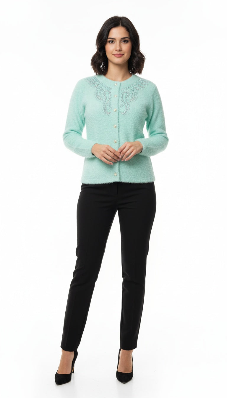 Women’s Fuzzy Woolen Cardigan with Heavy Embroidery | Premium Winter Wear