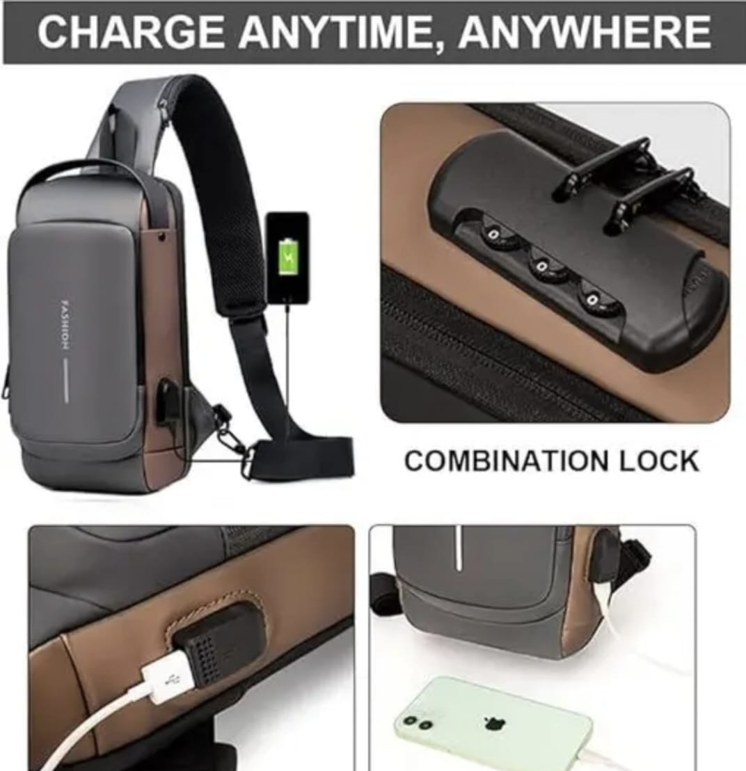 USB Chest Bag,Travel Shoulder Bag Waterproof trendy Carry Bag for Work Travel Gadget Tablet Books Mobile