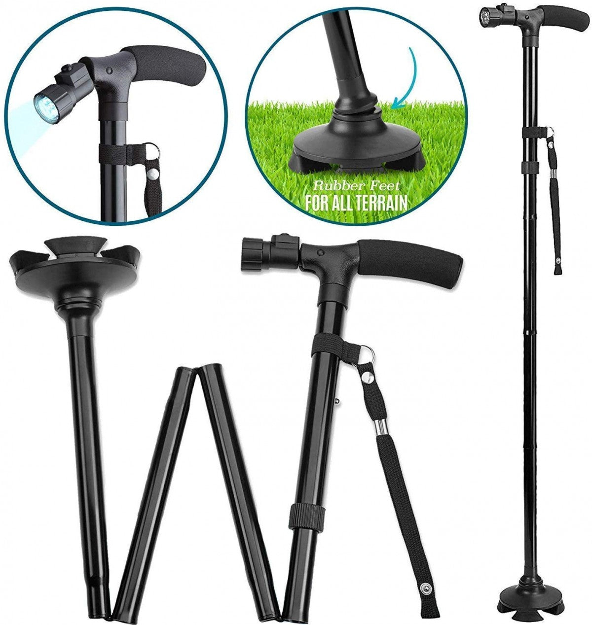 Foldable Walking Stick with 360-Degree Pivoting Quad Base | Adjustable Height, Lightweight Aluminium | Built-in LED Torch