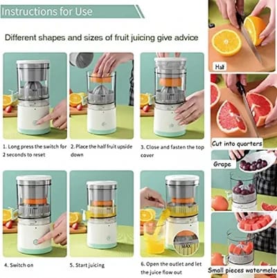 Electric Citrus Juicer, Portable Fruit Extractor with Splash Guard, White and Silver, Fresh Juice Maker for Home Kitchen