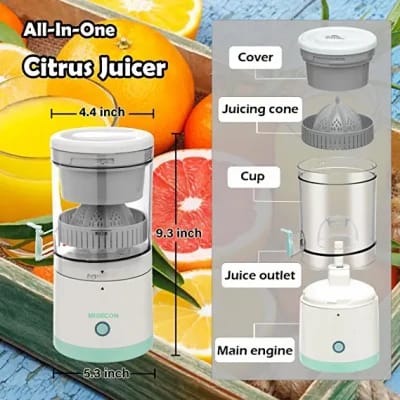 Electric Citrus Juicer, Portable Fruit Extractor with Splash Guard, White and Silver, Fresh Juice Maker for Home Kitchen