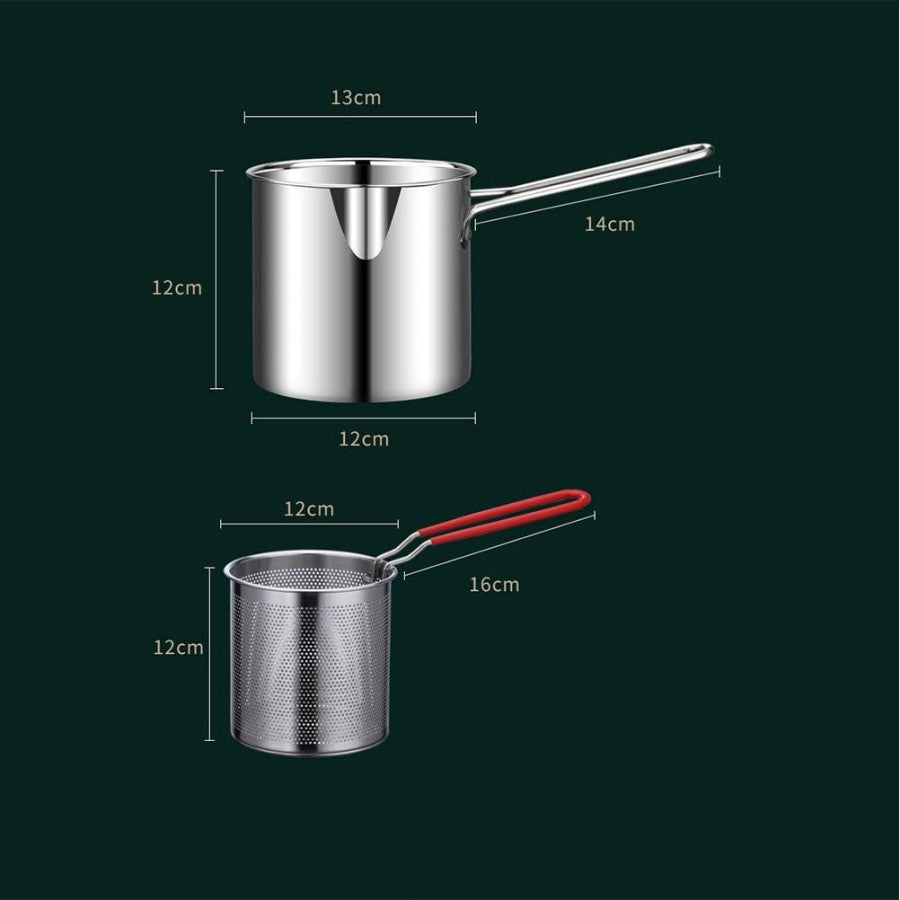 Deep Frying Pot with Strainer Basket | 1200ml Stainless Steel Pan with Handle | Ideal for Frying French Fries/Chicken Wings/Shrimp/Boiling Butter/Sauce/Gravies/Pasta