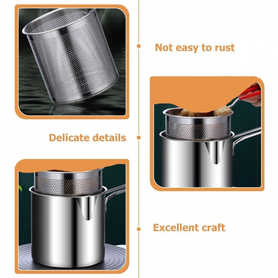 Deep Frying Pot with Strainer Basket | 1200ml Stainless Steel Pan with Handle | Ideal for Frying French Fries/Chicken Wings/Shrimp/Boiling Butter/Sauce/Gravies/Pasta