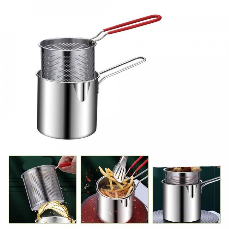 Deep Frying Pot with Strainer Basket | 1200ml Stainless Steel Pan with Handle | Ideal for Frying French Fries/Chicken Wings/Shrimp/Boiling Butter/Sauce/Gravies/Pasta