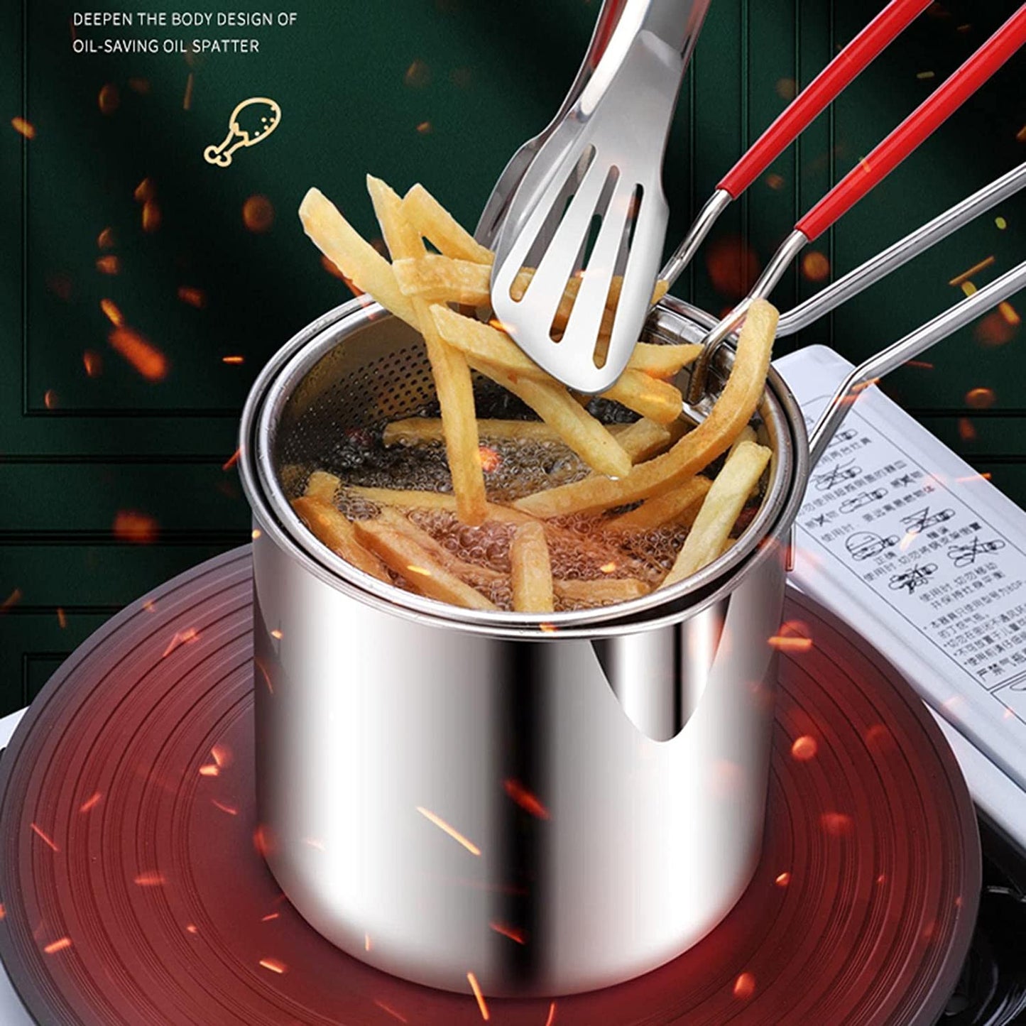 Deep Frying Pot with Strainer Basket | 1200ml Stainless Steel Pan with Handle | Ideal for Frying French Fries/Chicken Wings/Shrimp/Boiling Butter/Sauce/Gravies/Pasta