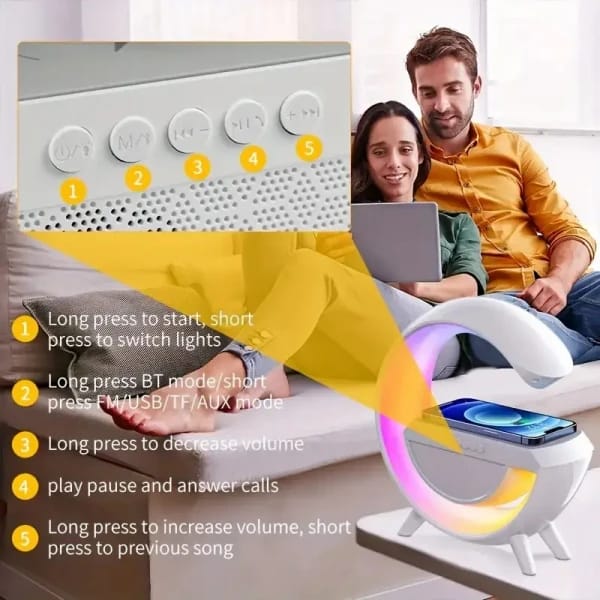 G SPEAKER LAMP & ALARM CLOCK WITH CHARGER - 3 in 1 Multi-Function Bluetooth Speaker with Wireless Fast Charging, RGB Light and Sunrise Alarm Clock for Bedroom & Bedside Table