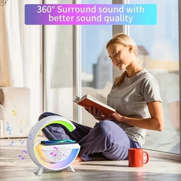 G SPEAKER LAMP & ALARM CLOCK WITH CHARGER - 3 in 1 Multi-Function Bluetooth Speaker with Wireless Fast Charging, RGB Light and Sunrise Alarm Clock for Bedroom & Bedside Table