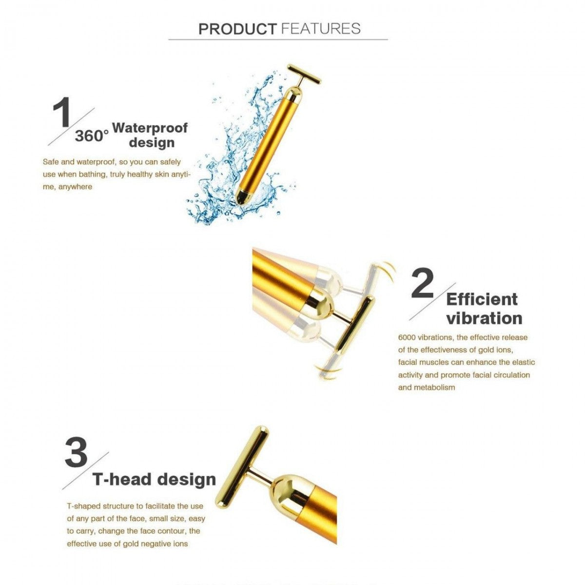 24K GOLDEN MASSAGERFacial Beauty Massage Bar - Electric Gold Face Massager – T-Shaped Portable Anti-Aging