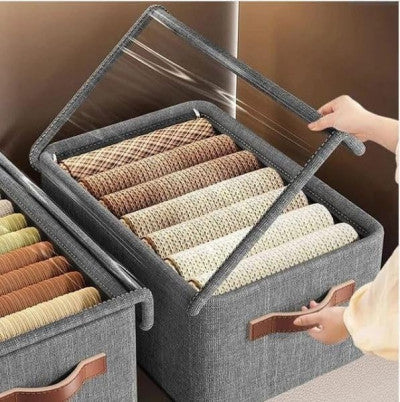 26L Foldable Clothes Organizer For Wardrobe, Blanket Storage Box, Cloth and Dress Organiser Metal Frame Basket Bag with Lid,Carry Handles for Bedding