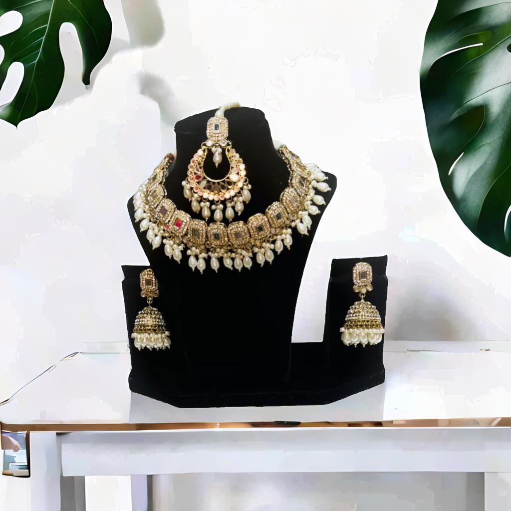Traditional Multicolor With White Beeds Chokar Necklace with Earing and Tikka