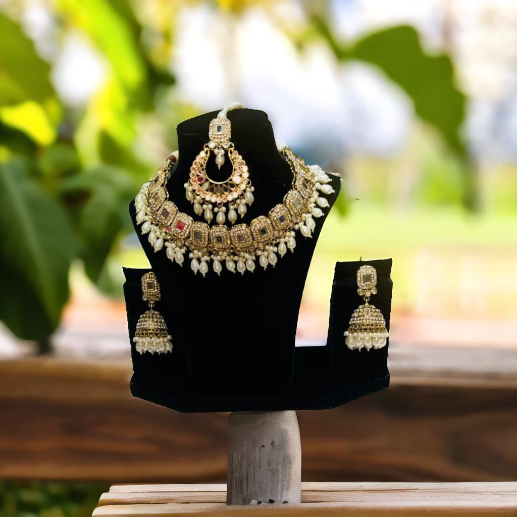 Traditional Multicolor With White Beeds Chokar Necklace with Earing and Tikka