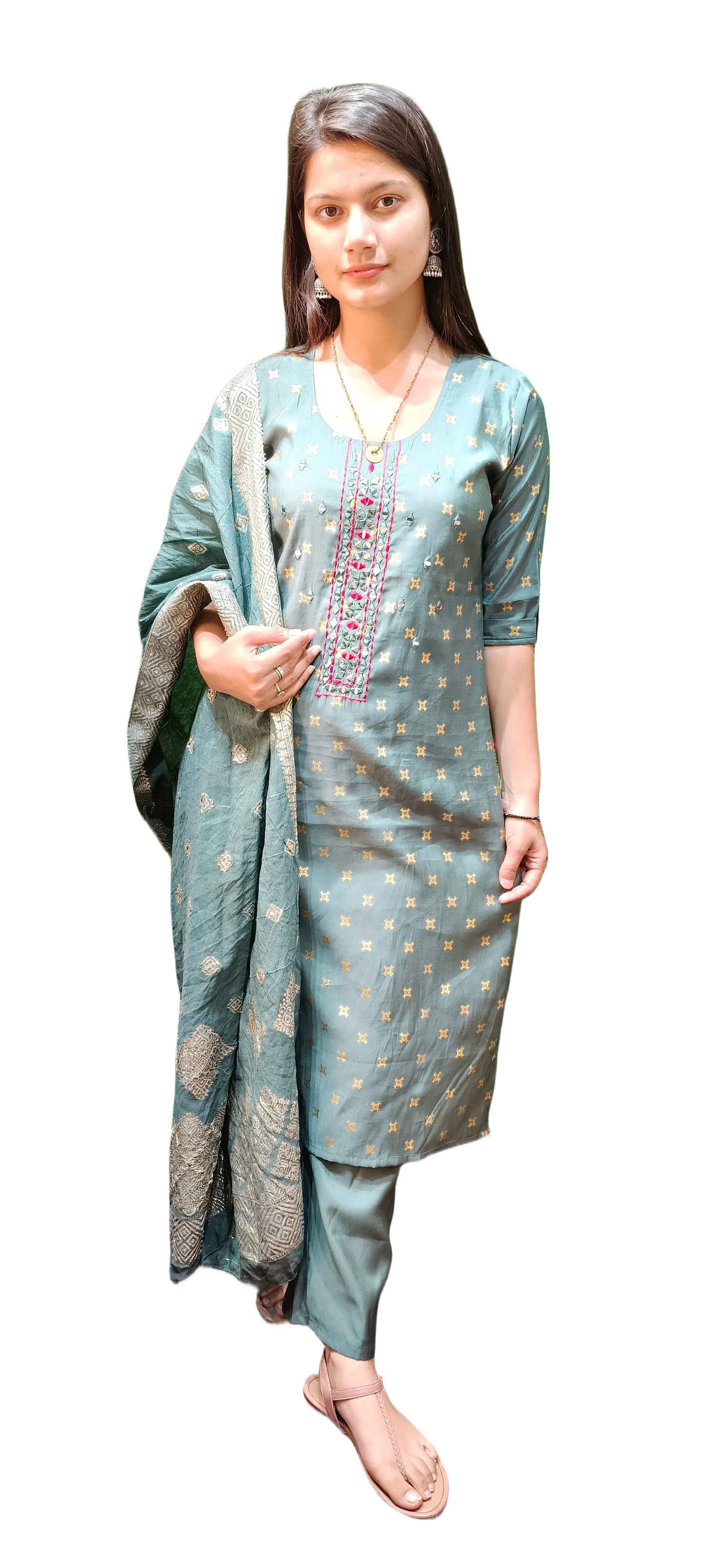 Muslin With Mirror Work Kurta Pant Dupatta Set
