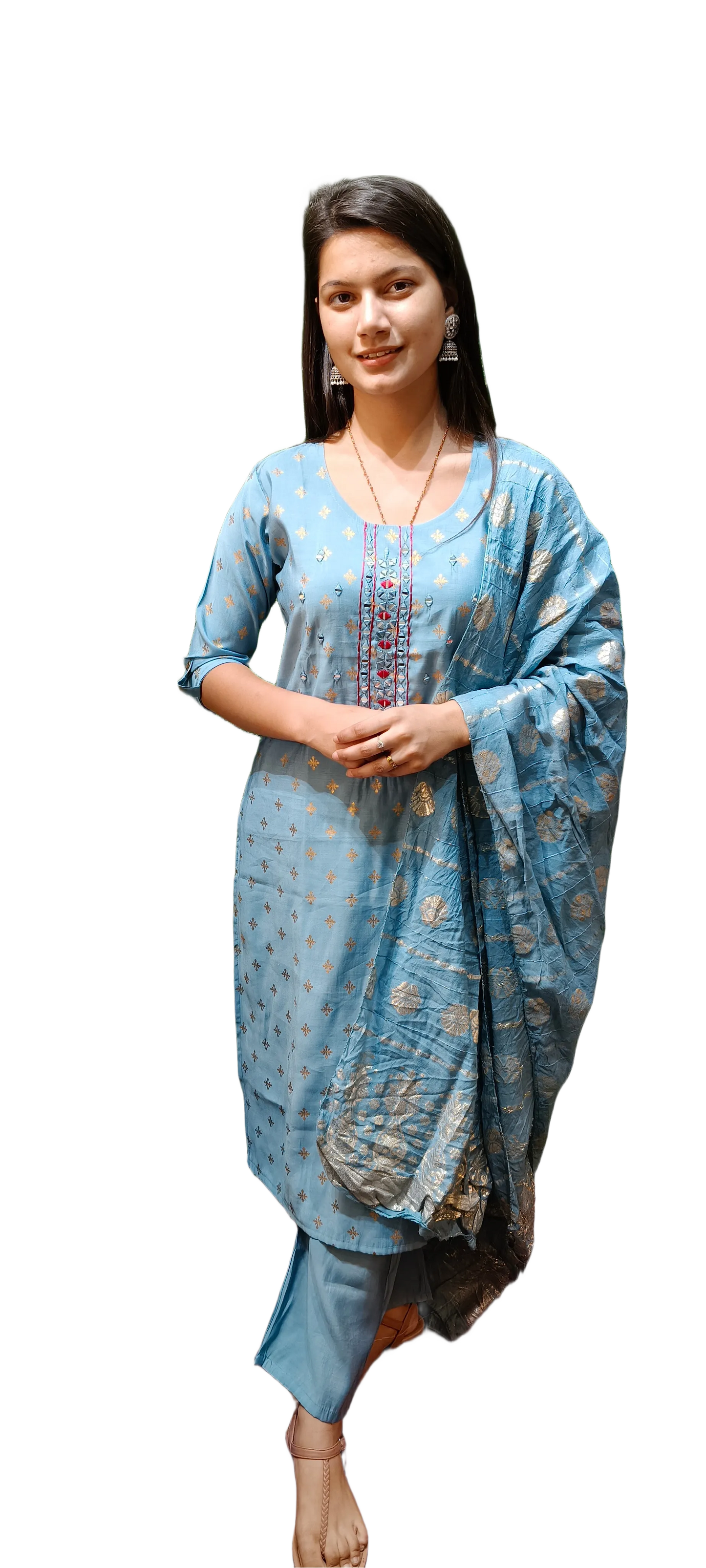 Muslin With Mirror Work Kurta Pant Dupatta Set
