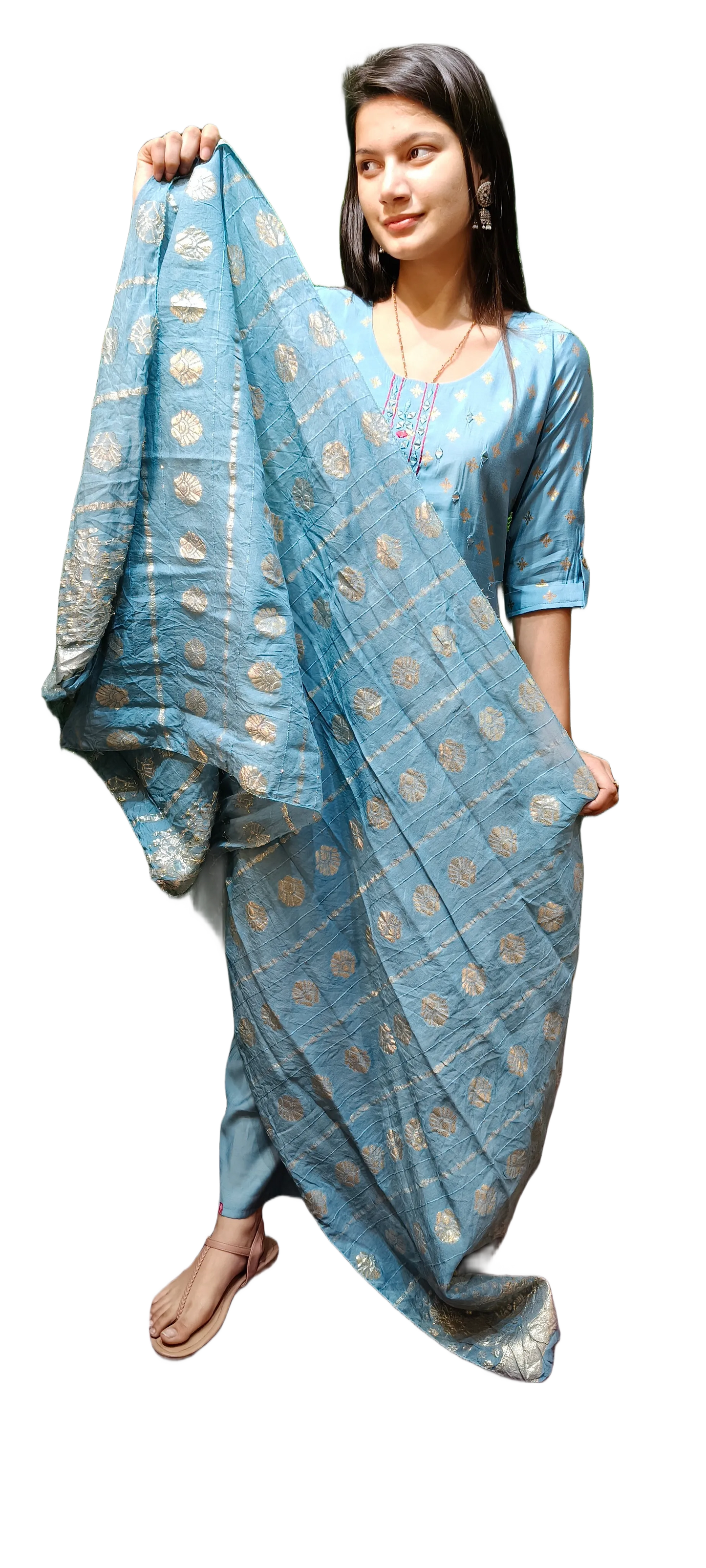 Muslin With Mirror Work Kurta Pant Dupatta Set