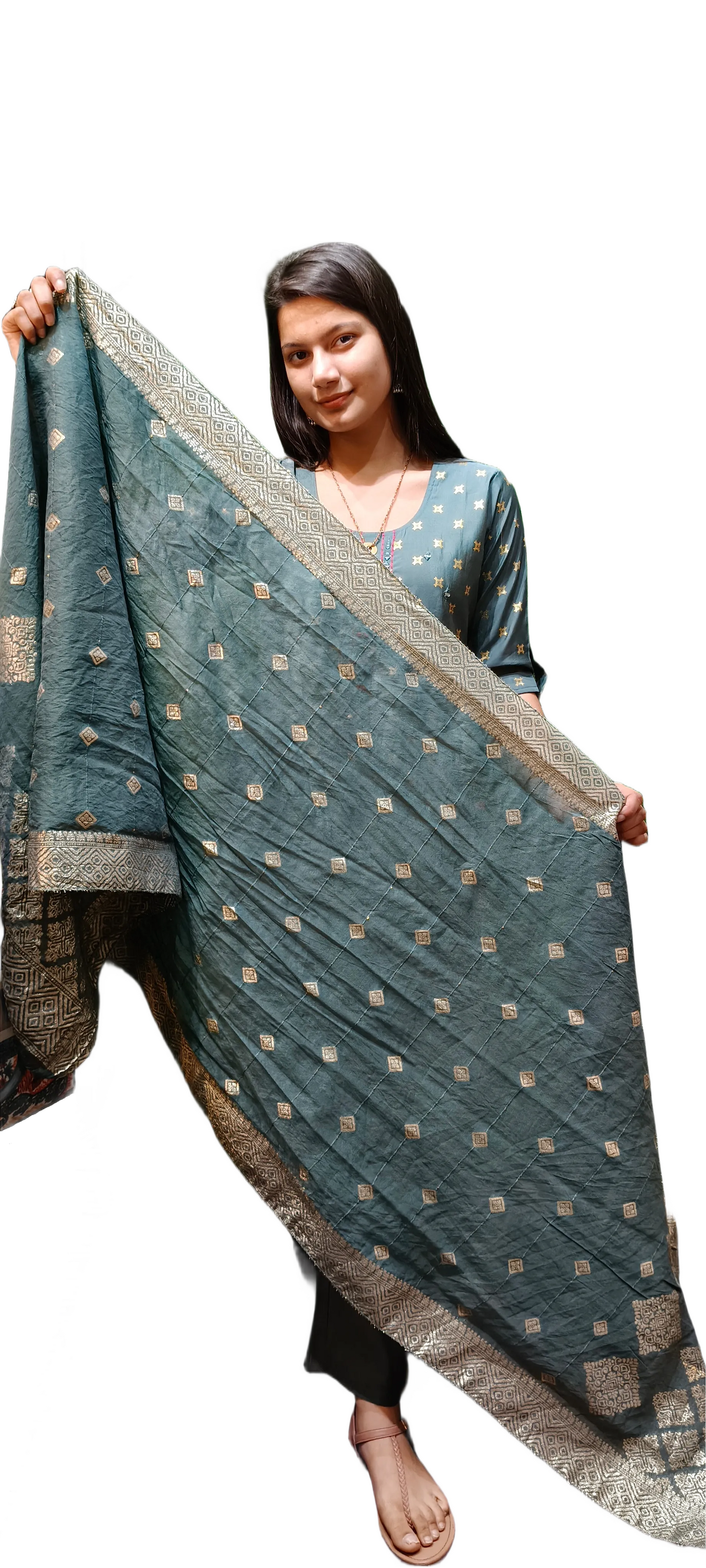 Muslin With Mirror Work Kurta Pant Dupatta Set