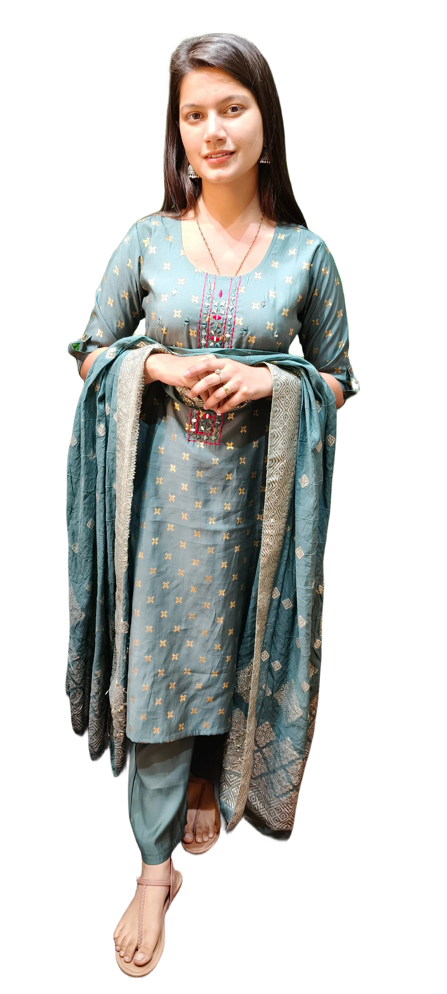Muslin With Mirror Work Kurta Pant Dupatta Set