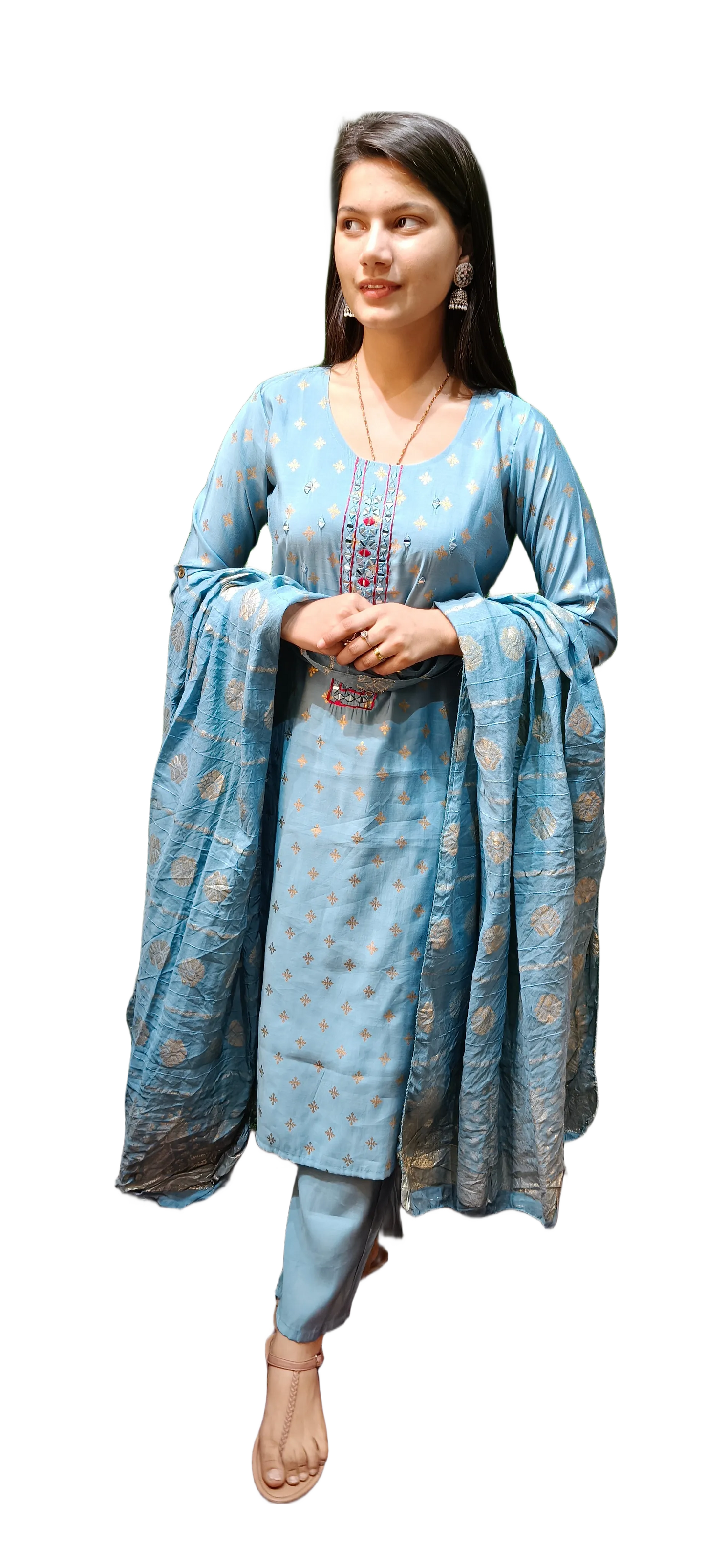 Muslin With Mirror Work Kurta Pant Dupatta Set