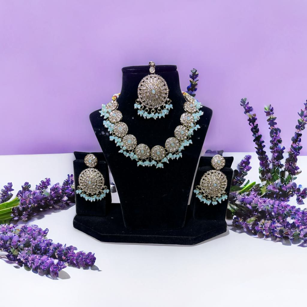 Traditional Pastal Color Necklace Set With Earing And Mang Tikka