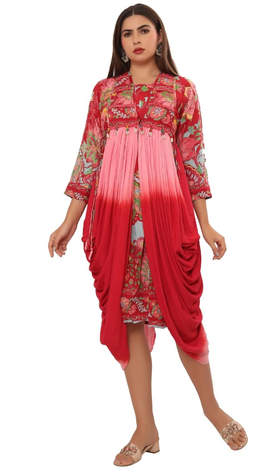 Indo Western Red Flower Print Tunic with Exclusive Shrug